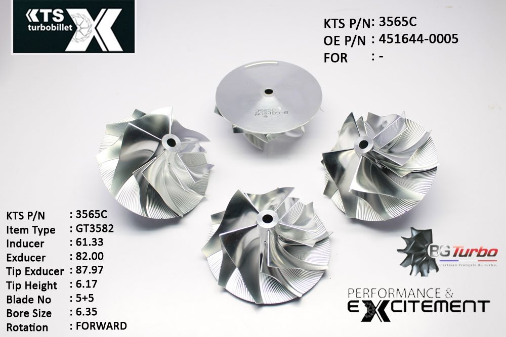 Turbo ROUE FORGÉE MFS PERFORMANCE - 5+5 PALES - INDUCER : 61,33 - EXDUCER : 82 - TYPE : GT3582ANGLE : 60° - ROTATION : Forward - SUPER BACK : 2,35 - BORE SIZE : 6,35
